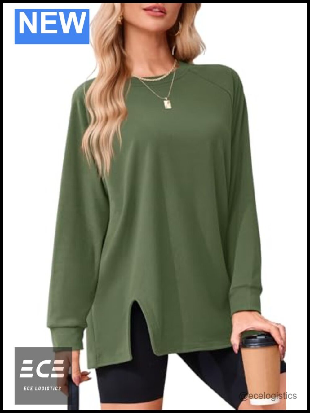 Oversized Crewneck Sweatshirt Long Sleeve Pullover Slit Hem Casual